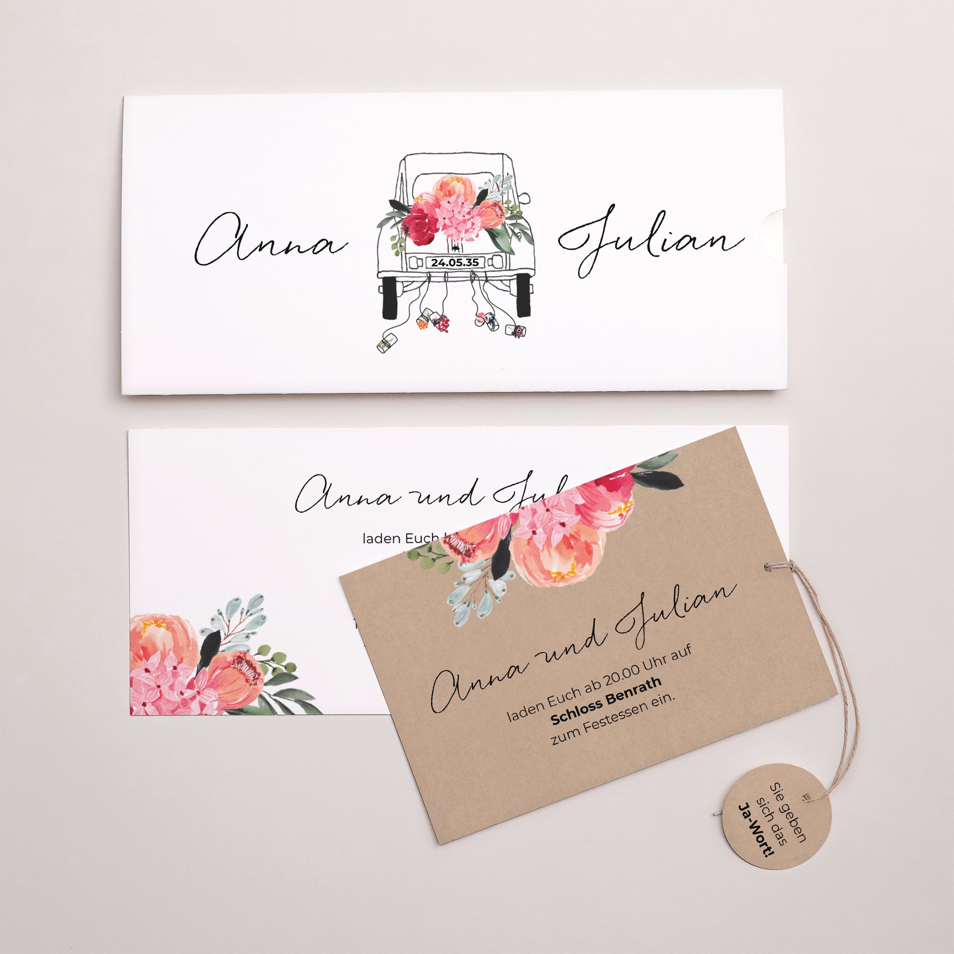 Hochzeitseinladung Mappe 2 Karten, Etikett 2CV mit Blumen foto N° 3