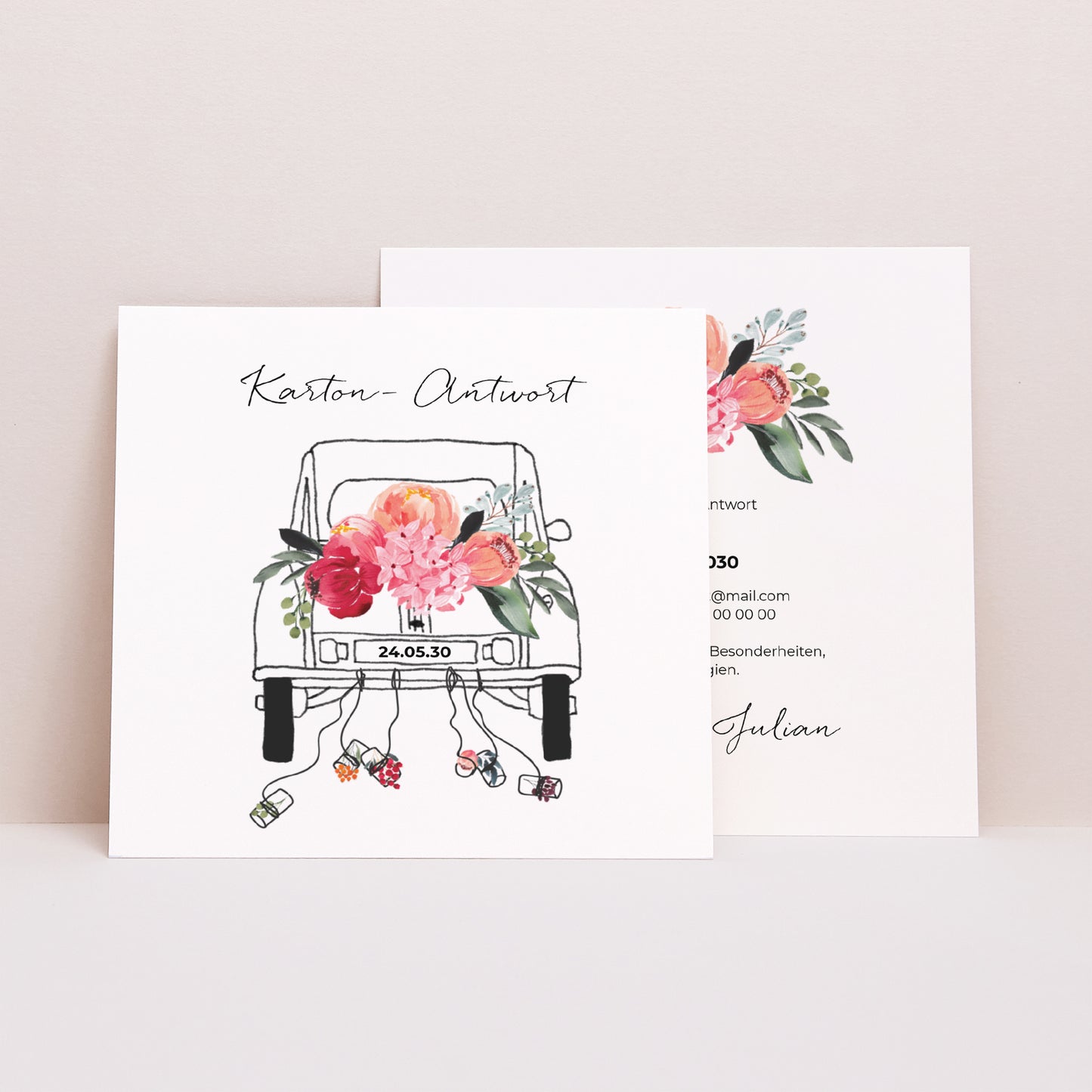 Antwortkarte Hochzeit Quadrat 2CV mit Blumen foto N° 1
