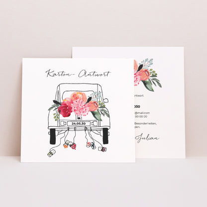 Antwortkarte Hochzeit Quadrat 2CV mit Blumen foto N° 1