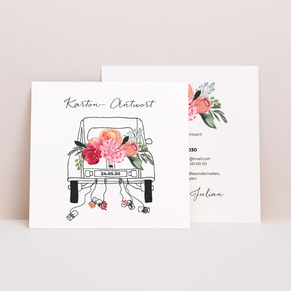Antwortkarte Hochzeit Quadrat 2CV mit Blumen foto