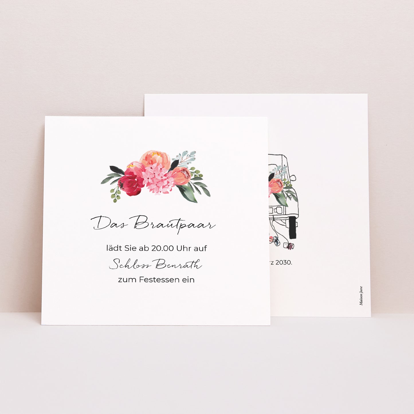 Einladungskarte Hochzeit Quadrat 2CV mit Blumen foto N° 1