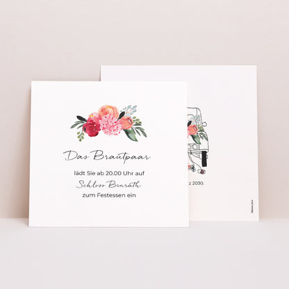 Einladungskarte Hochzeit Quadrat 2CV mit Blumen foto N° 1