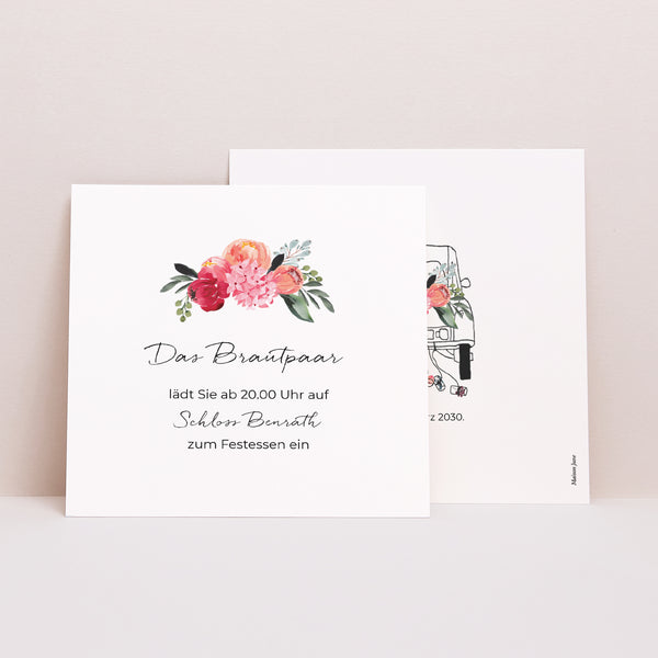 Einladungskarte Hochzeit Quadrat 2CV mit Blumen foto