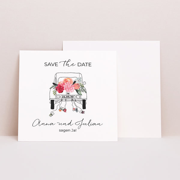 Save the date Karte Hochzeit Quadrat 2CV mit Blumen foto