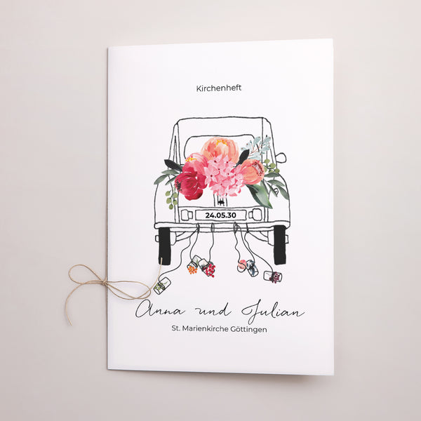 Kirchenheft Hochzeit Doppelflügel 2CV mit Blumen foto