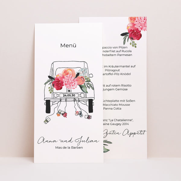 Menükarte Hochzeit Panoramatisches Porträt 2CV mit Blumen foto