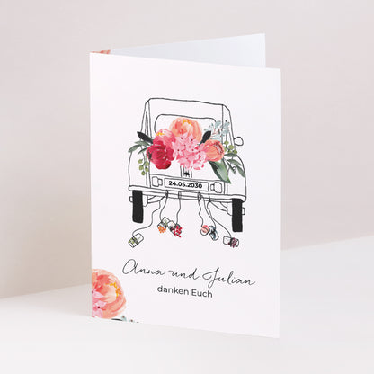 Dankeskarte Hochzeit Doppelflügelporträt 2CV mit Blumen foto N° 1
