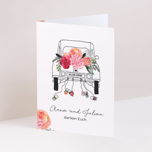 Dankeskarte Hochzeit Doppelflügelporträt 2CV mit Blumen foto