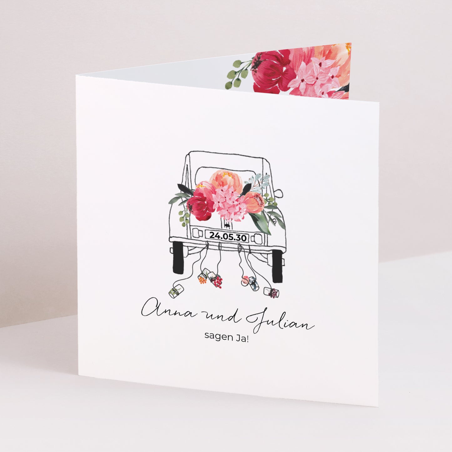 Hochzeitseinladung Doppelflügelfenster 2CV mit Blumen foto N° 1