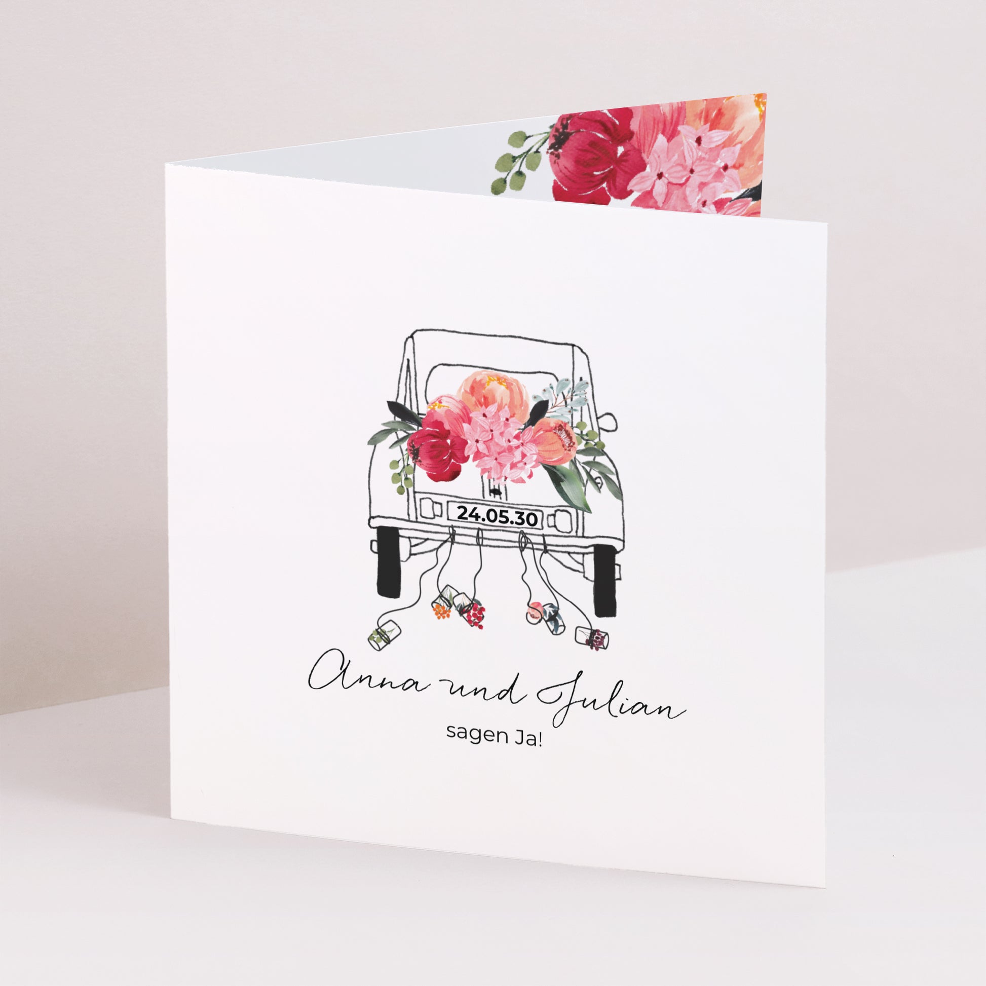 Hochzeitseinladung Doppelflügelfenster 2CV mit Blumen foto N° 1