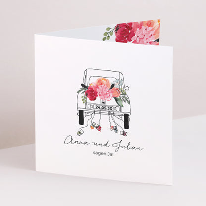 Hochzeitseinladung Doppelflügelfenster 2CV mit Blumen foto N° 1