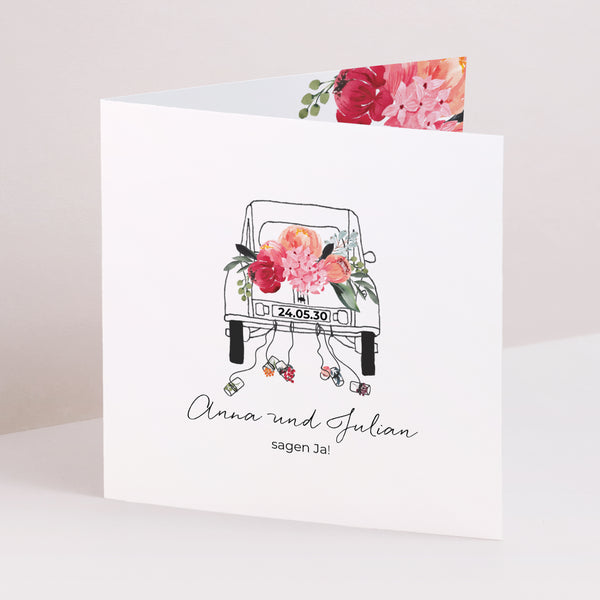 Hochzeitseinladung Doppelflügelfenster 2CV mit Blumen foto