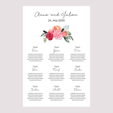 Sitzplan Hochzeit Porträt 2CV mit Blumen