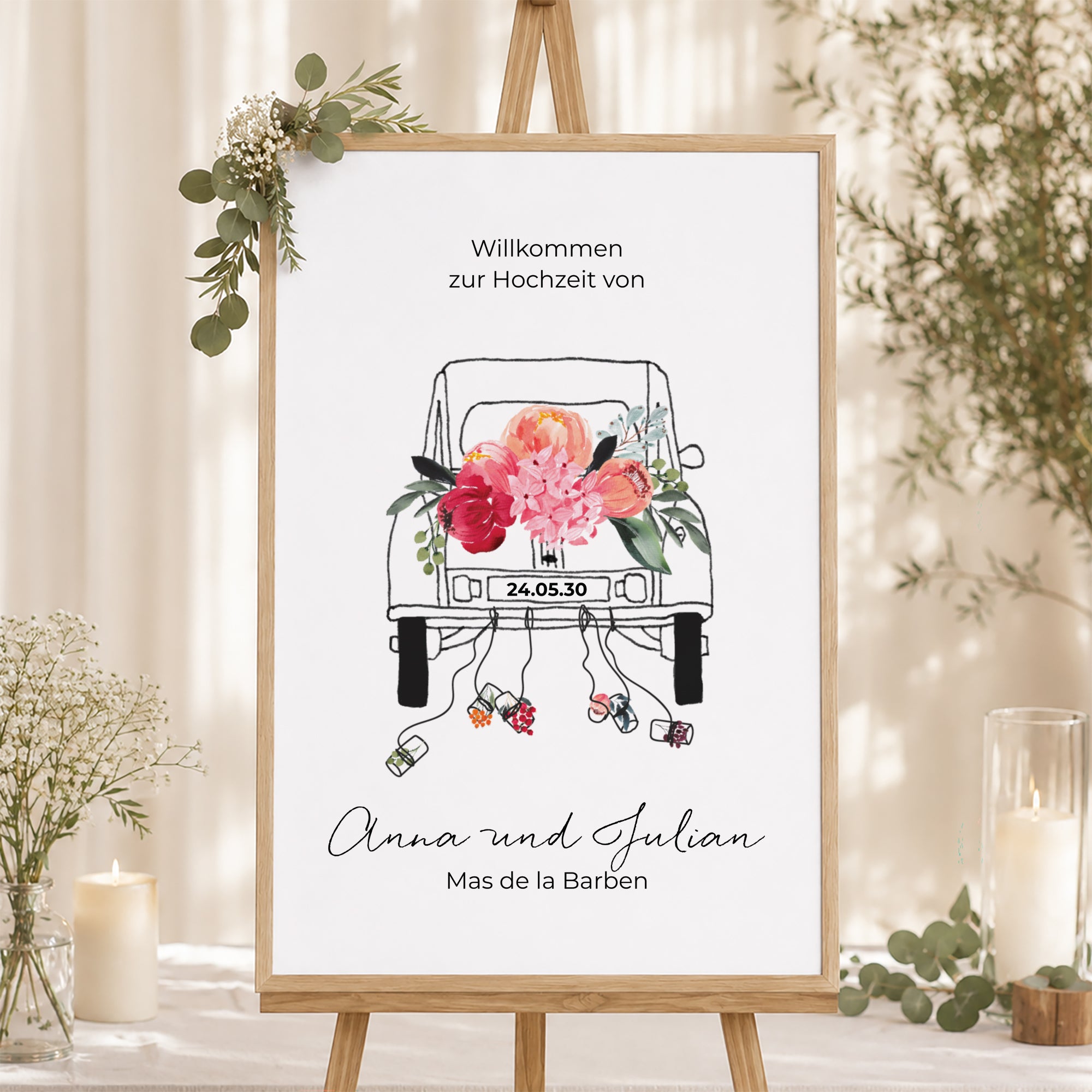 Begrüßungstafel Hochzeit Porträt 60 x 90 cm 2CV mit Blumen foto N° 1