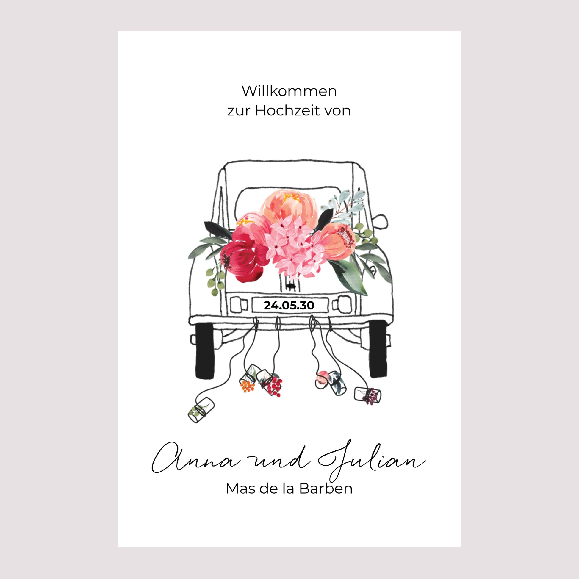 Begrüßungstafel Hochzeit Porträt 60 x 90 cm 2CV mit Blumen foto N° 2