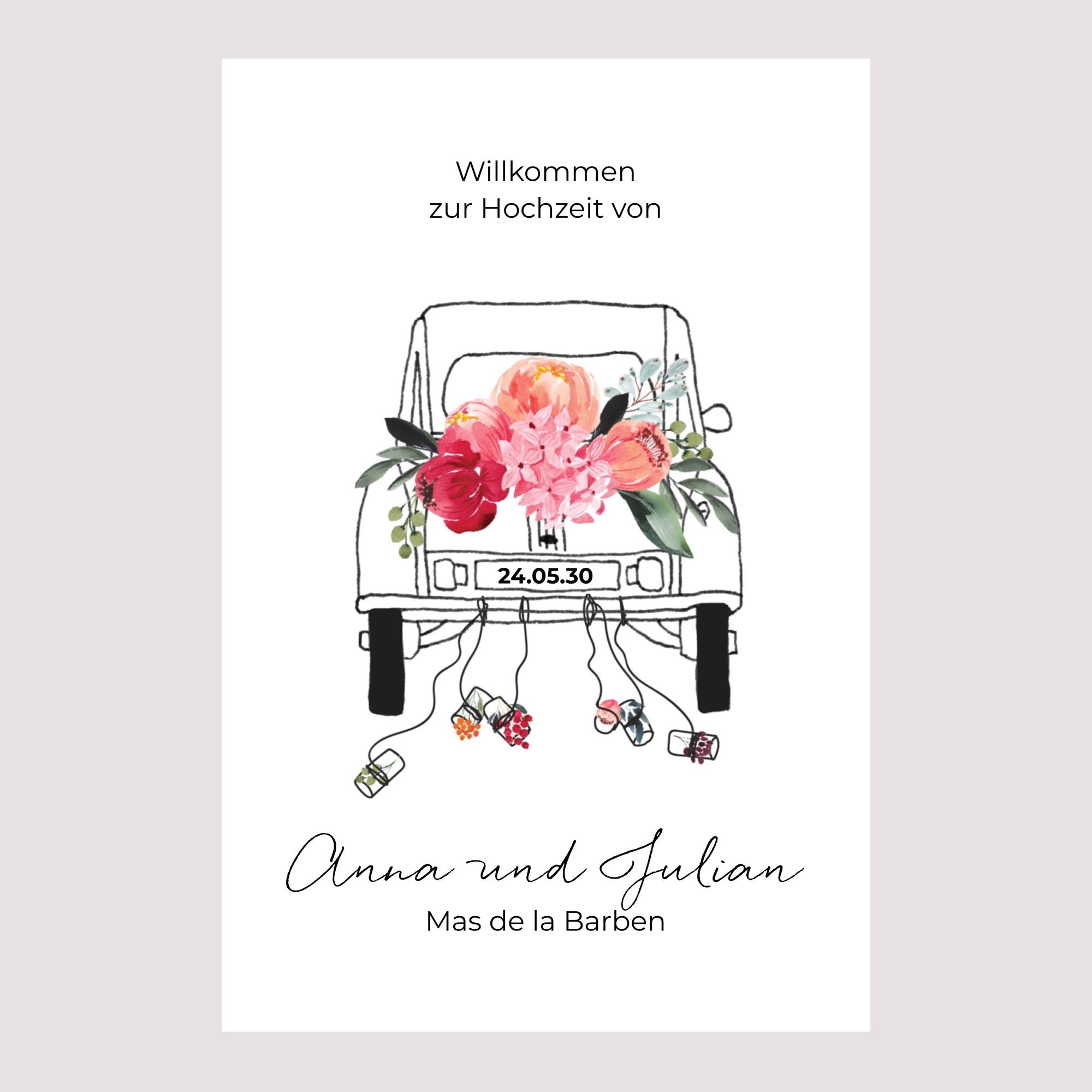 Begrüßungstafel Hochzeit Porträt 60 x 90 cm 2CV mit Blumen foto N° 2