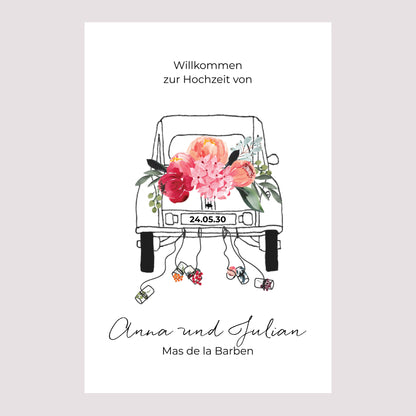 Begrüßungstafel Hochzeit Porträt 60 x 90 cm 2CV mit Blumen foto N° 2