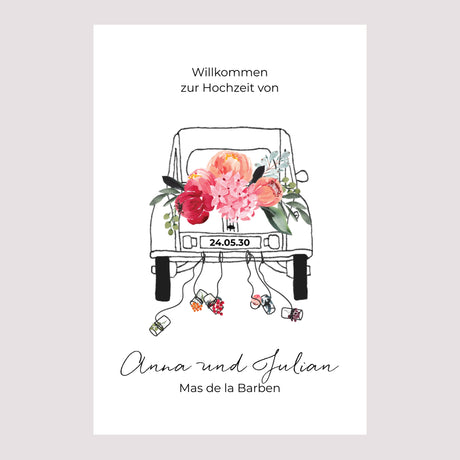 Begrüßungstafel Hochzeit Porträt 60 x 90 cm 2CV mit Blumen