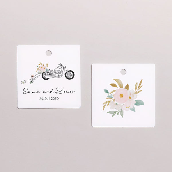 Vorgelochtes Etikett Hochzeit quadratisch Blumige Harley foto