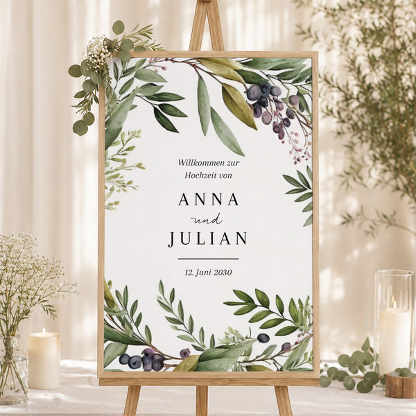 Begrüßungstafel Hochzeit Porträt 60 x 90 cm Frühlingslaub foto