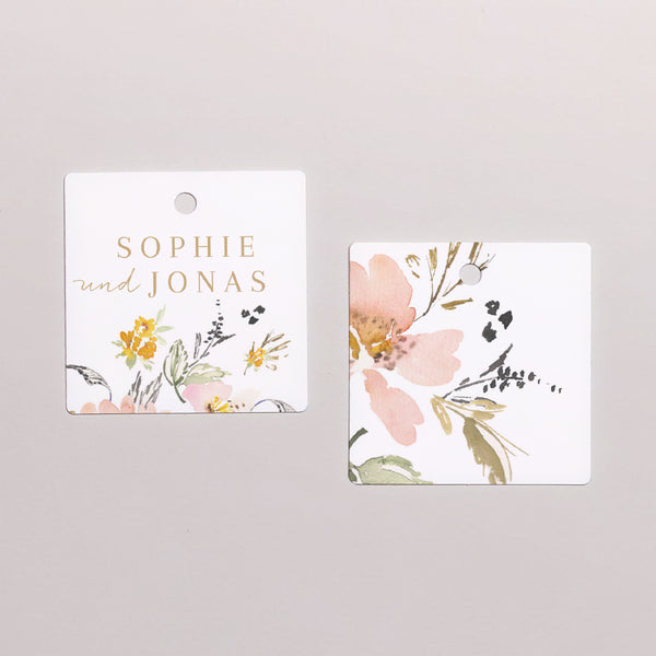 Vorgelochtes Etikett Hochzeit quadratisch Pop-Blumen foto