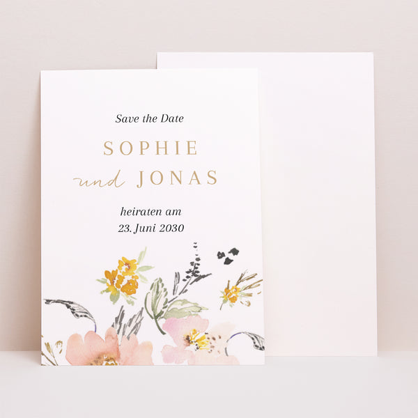Save the date Karte Hochzeit Porträt Pop-Blumen foto