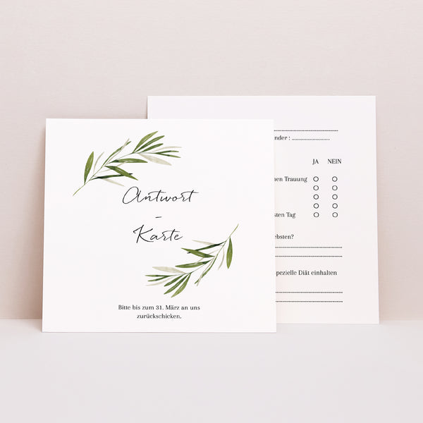 Antwortkarte Hochzeit Quadrat Olivenzweig III foto