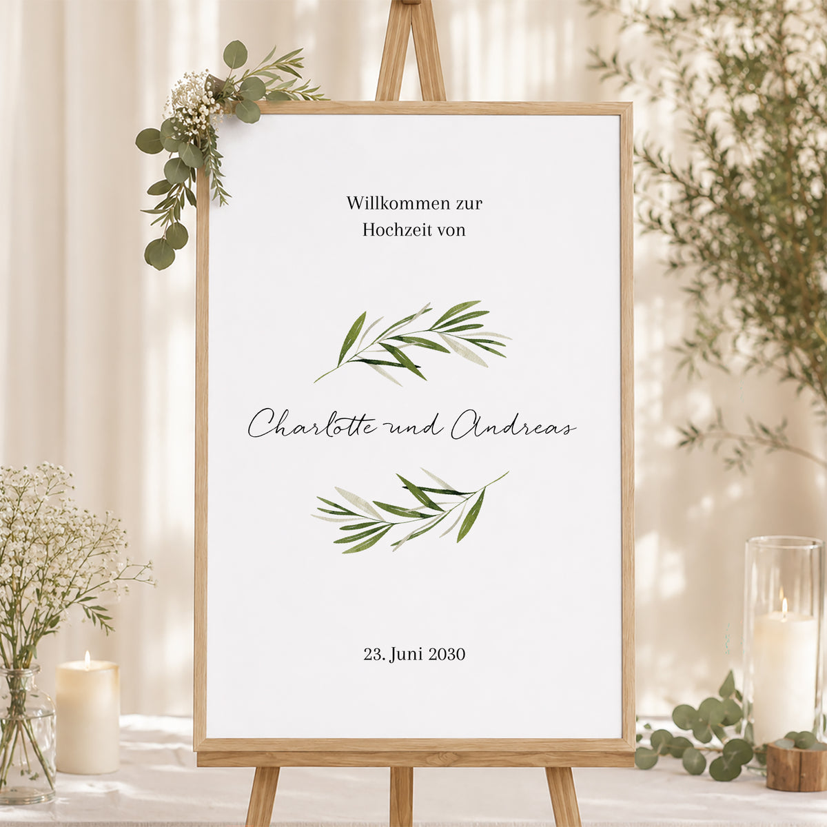 Begrüßungstafel Hochzeit Porträt 60 x 90 cm Olivenzweig III foto N° 1