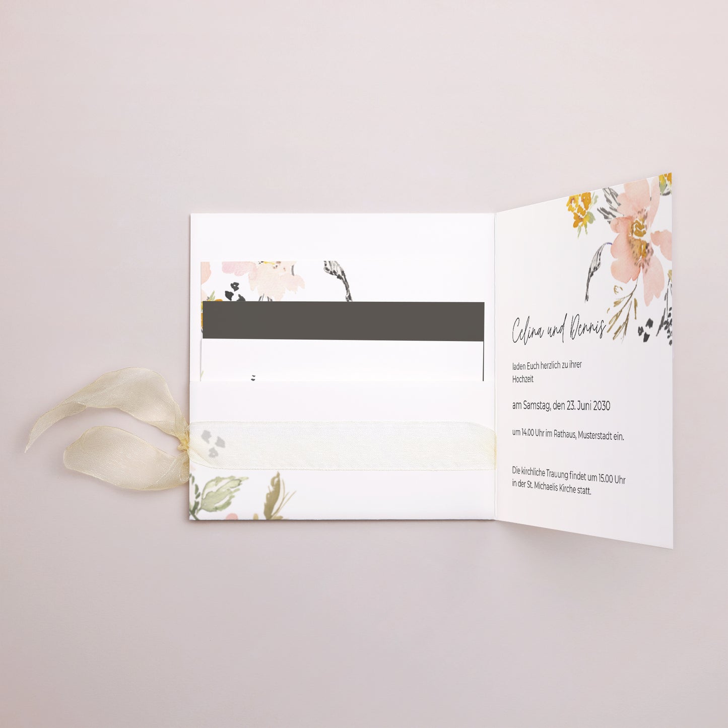 Hochzeitseinladung Quadratische Hülle, 3 Karten, Etikett Blumen Pop II foto N° 3
