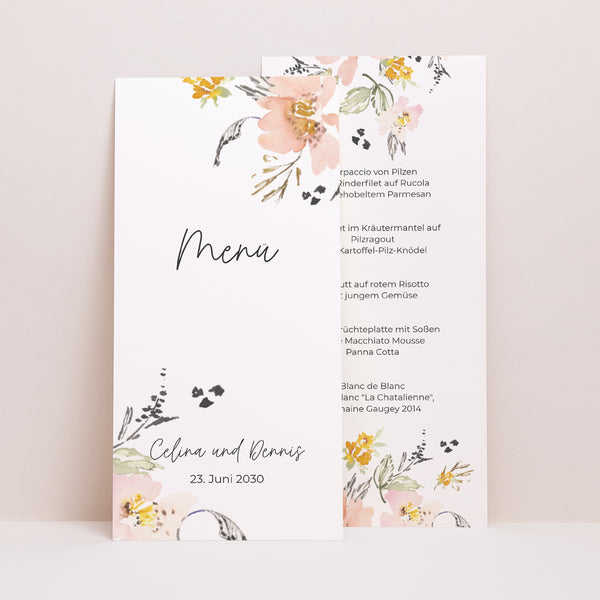 Menükarte Hochzeit Panoramatisches Porträt Blumen Pop II foto