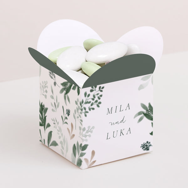Geschenkbox Hochzeit Schmetterlingsöffnung Pflanzenkranz foto