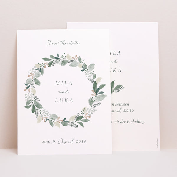 Save the date Karte Hochzeit Porträt Pflanzenkranz foto