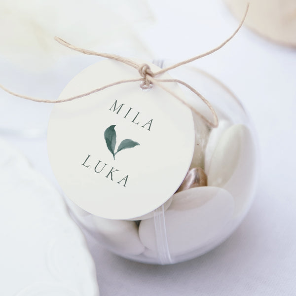 Geschenkbox Hochzeit Kugel mit runder Etikette Pflanzenkranz foto