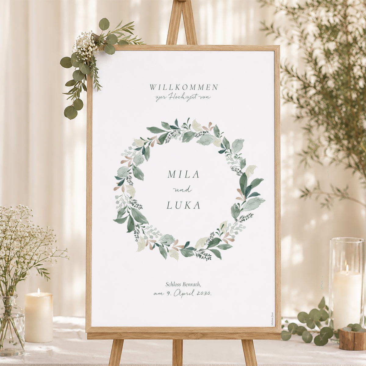 Begrüßungstafel Hochzeit Porträt 60 x 90 cm Pflanzenkranz foto N° 1