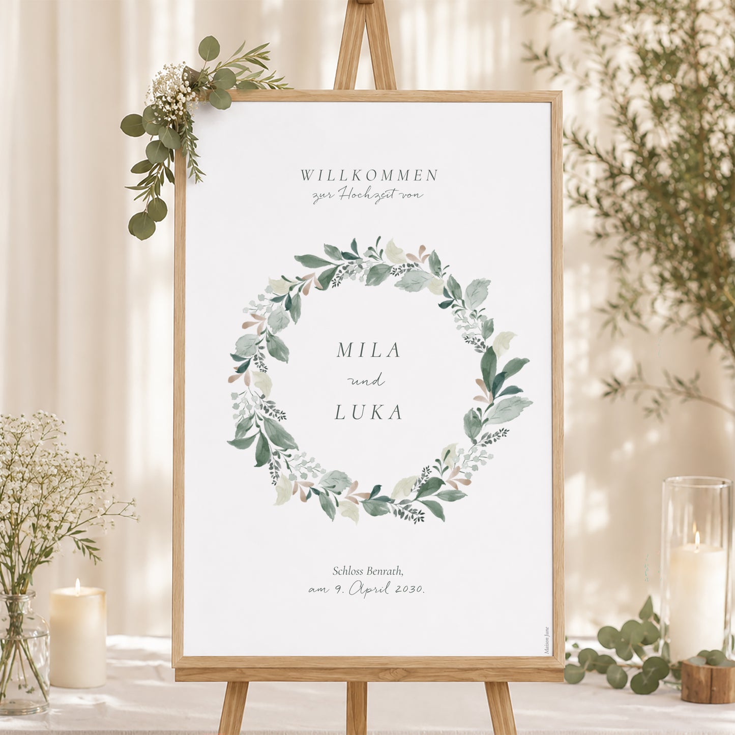 Begrüßungstafel Hochzeit Porträt 60 x 90 cm Pflanzenkranz foto N° 1