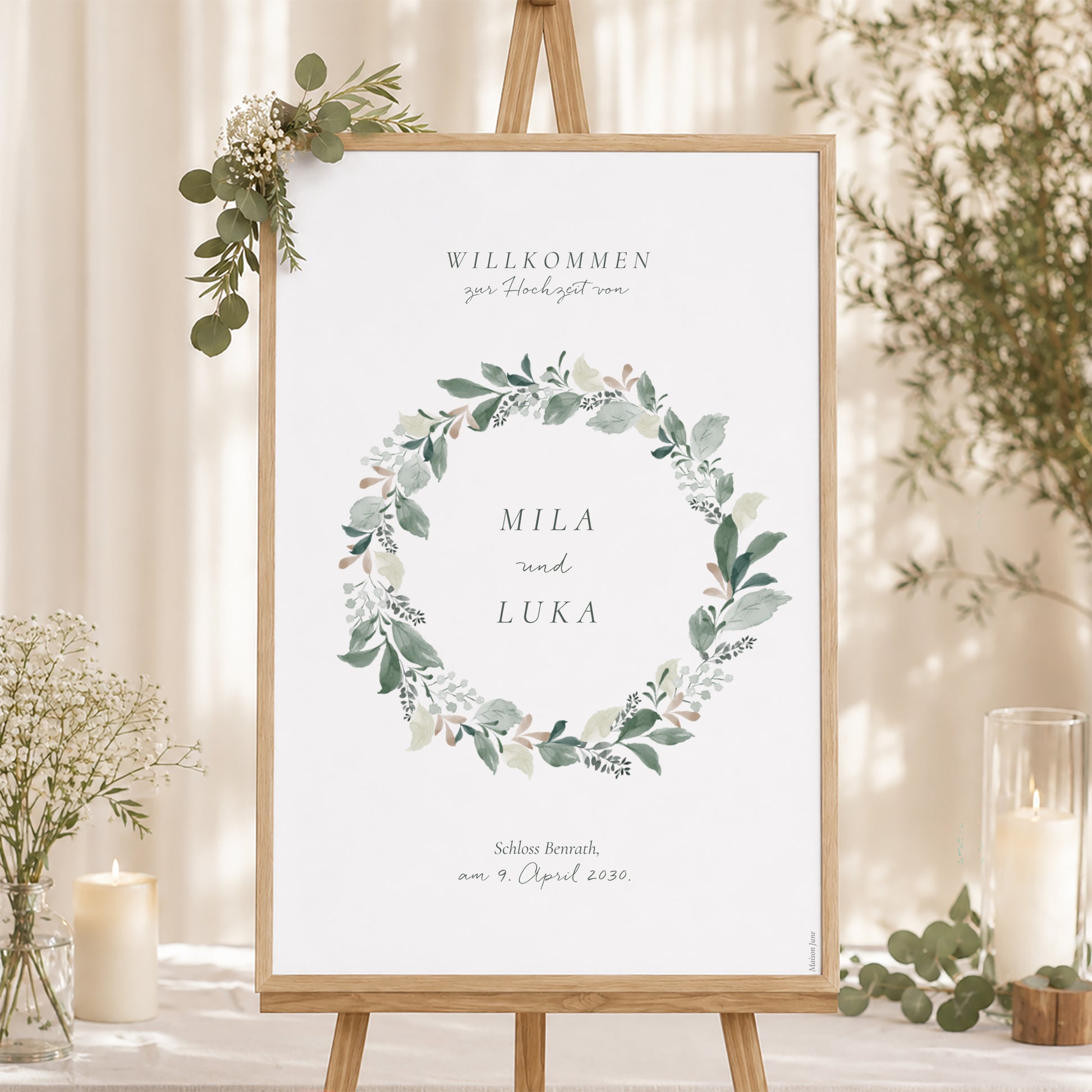 Begrüßungstafel Hochzeit Porträt 60 x 90 cm Pflanzenkranz foto N° 1