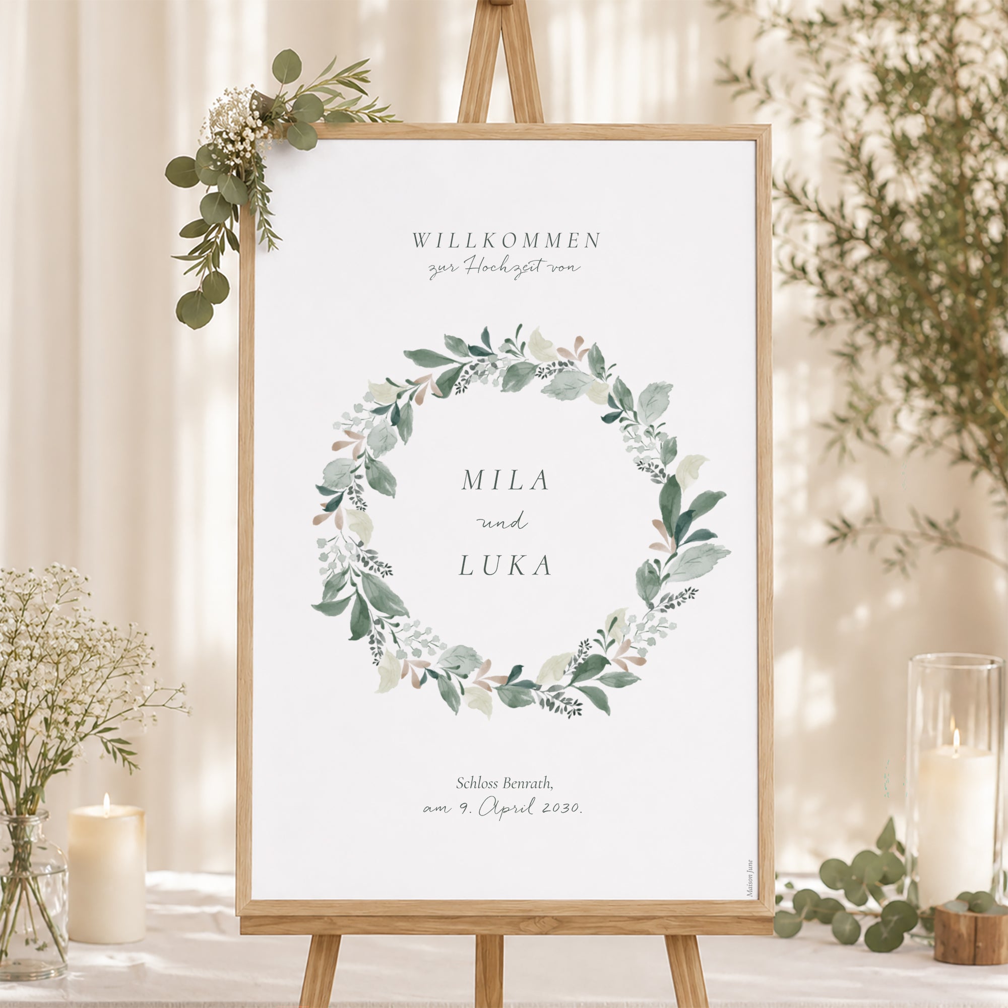 Begrüßungstafel Hochzeit Porträt 60 x 90 cm Pflanzenkranz foto N° 1