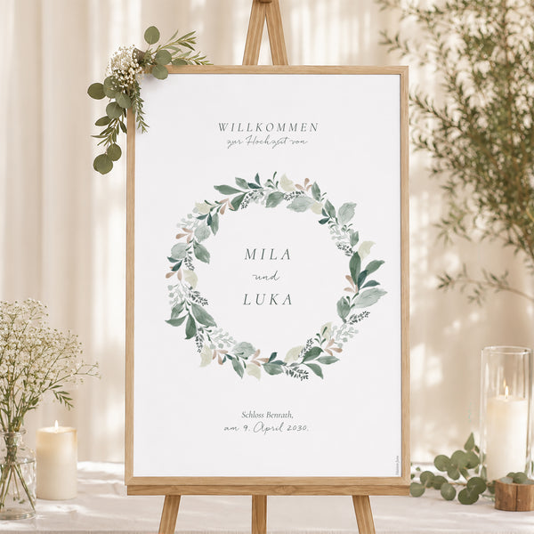 Begrüßungstafel Hochzeit Porträt 60 x 90 cm Pflanzenkranz foto