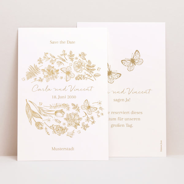 Save the date Karte Hochzeit PortraitPorträt Goldenes Herbarium foto