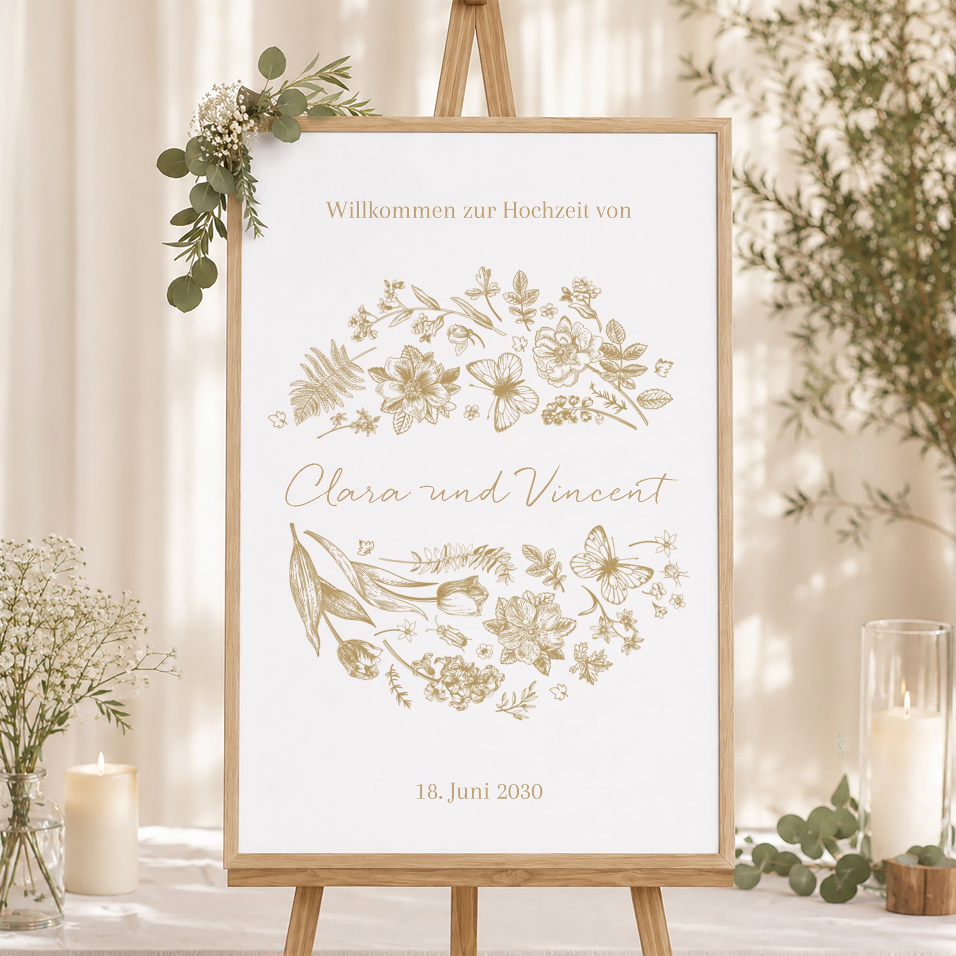 Begrüßungstafel Hochzeit Porträt 60 x 90 cm Goldenes Herbarium foto N° 1