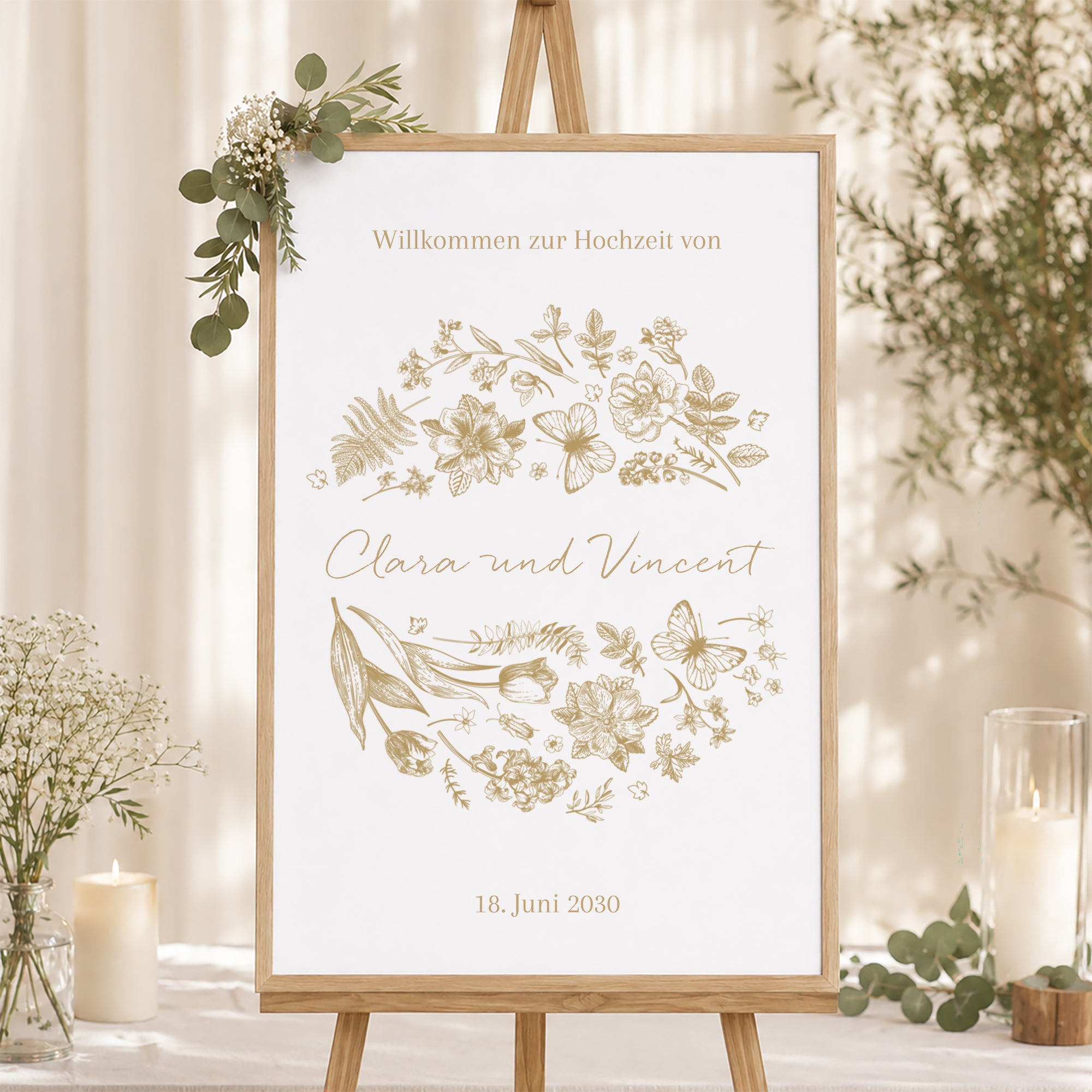 Begrüßungstafel Hochzeit Porträt 60 x 90 cm Goldenes Herbarium foto N° 1