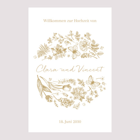 Begrüßungstafel Hochzeit Porträt 60 x 90 cm Goldenes Herbarium