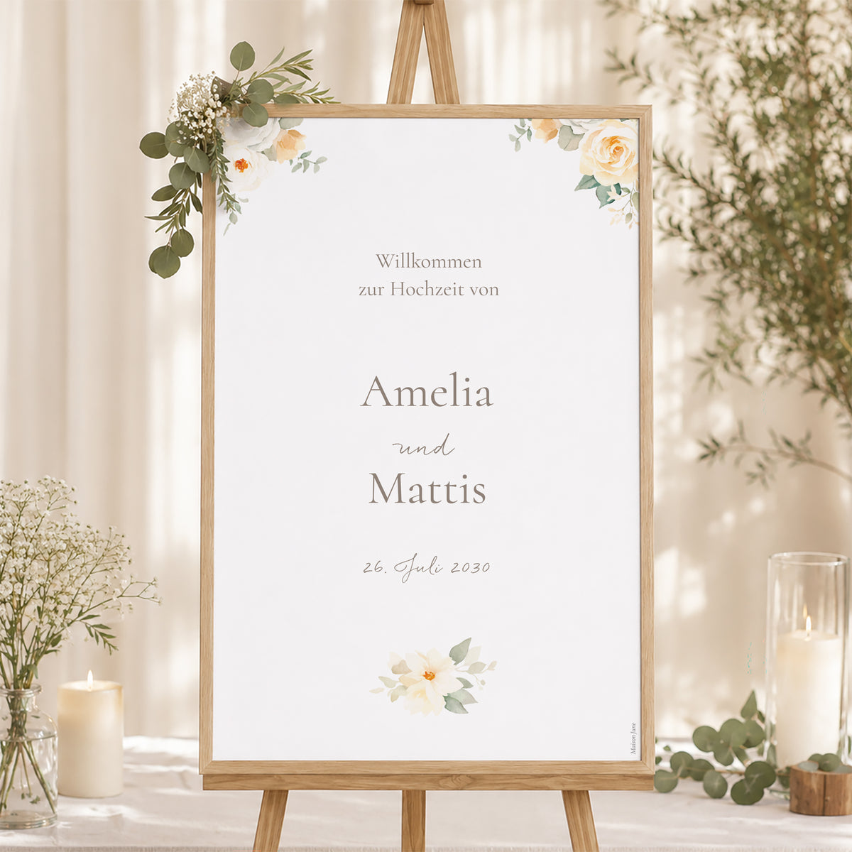 Begrüßungstafel Hochzeit Porträt 60 x 90 cm Romantischer Blumenstrauß foto N° 1