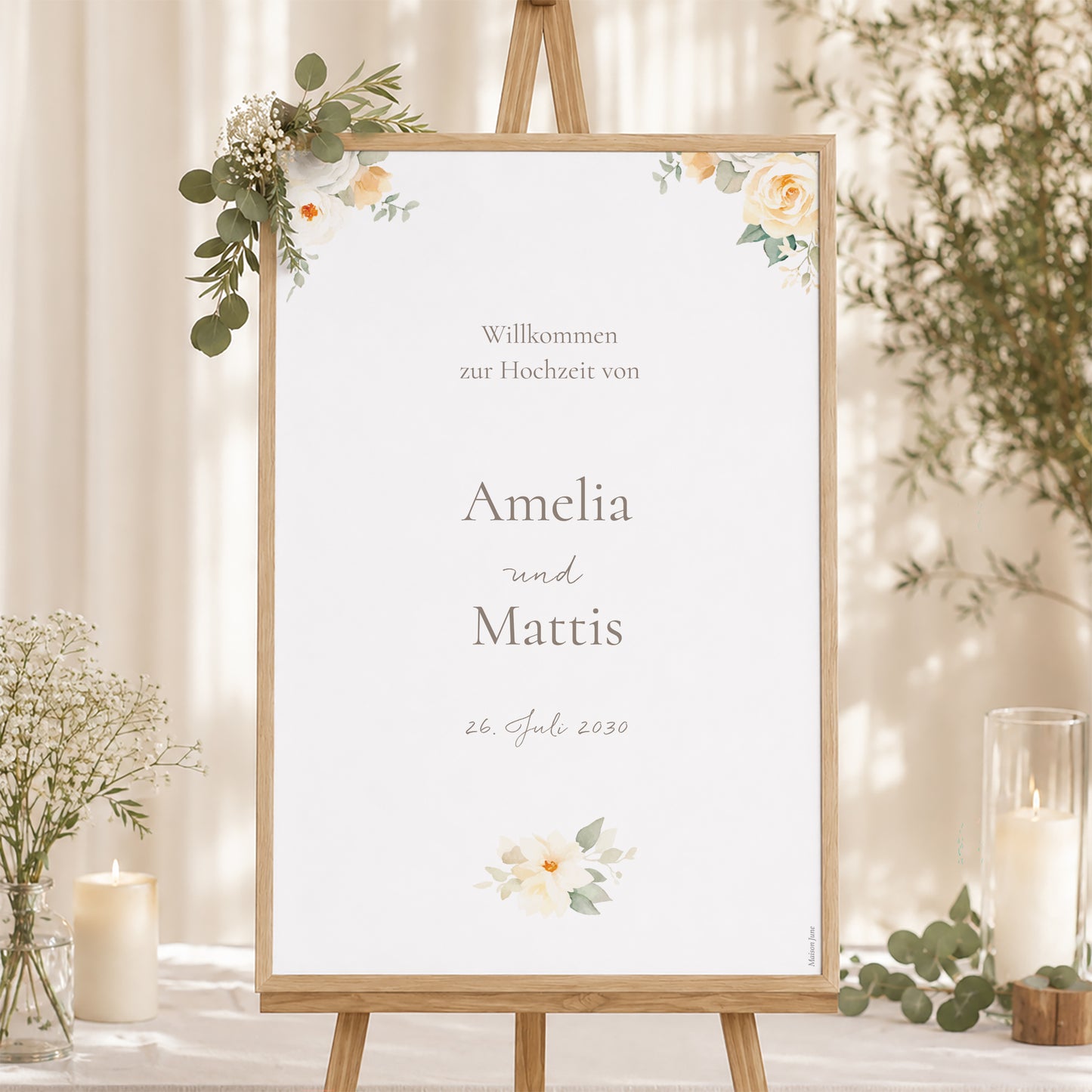 Begrüßungstafel Hochzeit Porträt 60 x 90 cm Romantischer Blumenstrauß foto N° 1