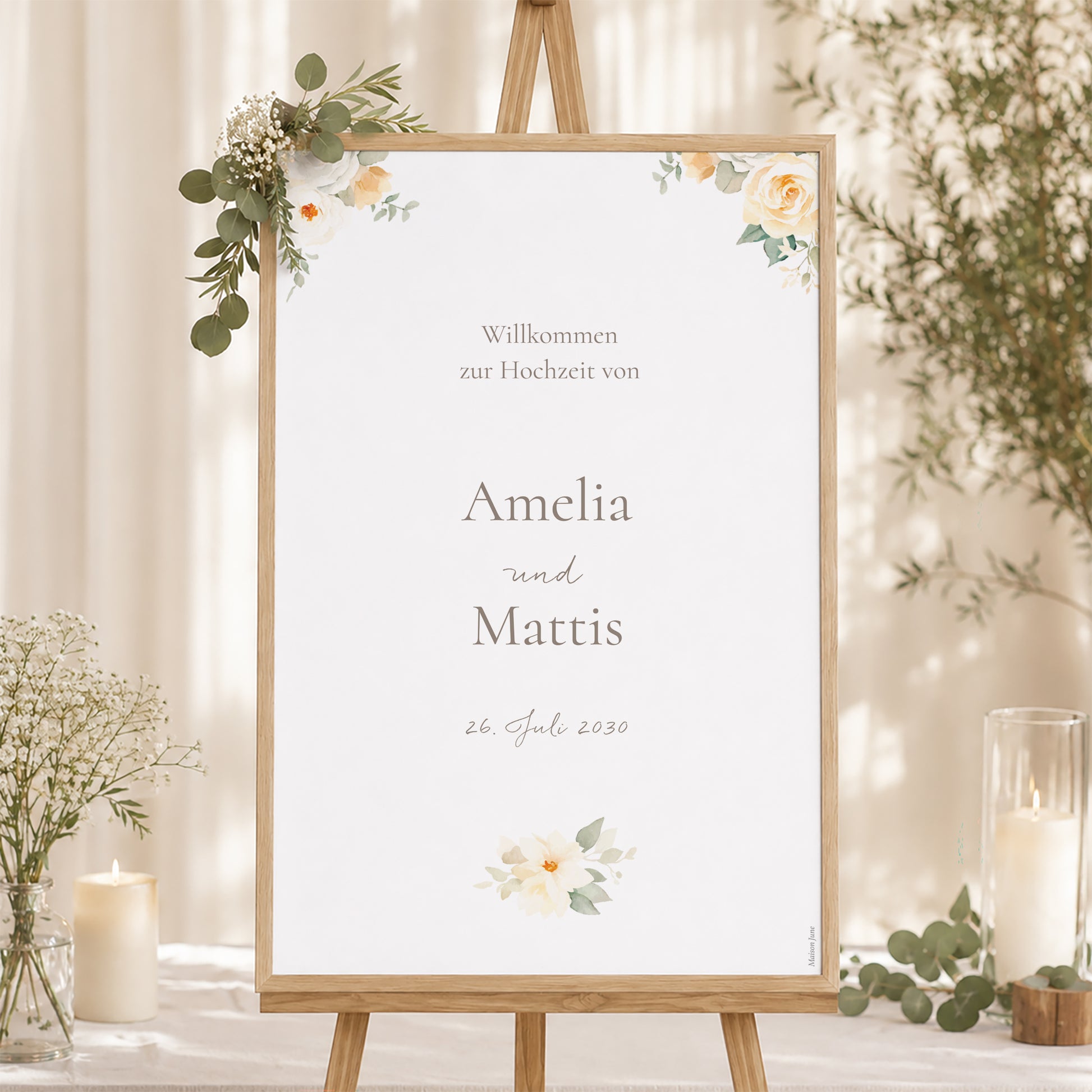 Begrüßungstafel Hochzeit Porträt 60 x 90 cm Romantischer Blumenstrauß foto N° 1