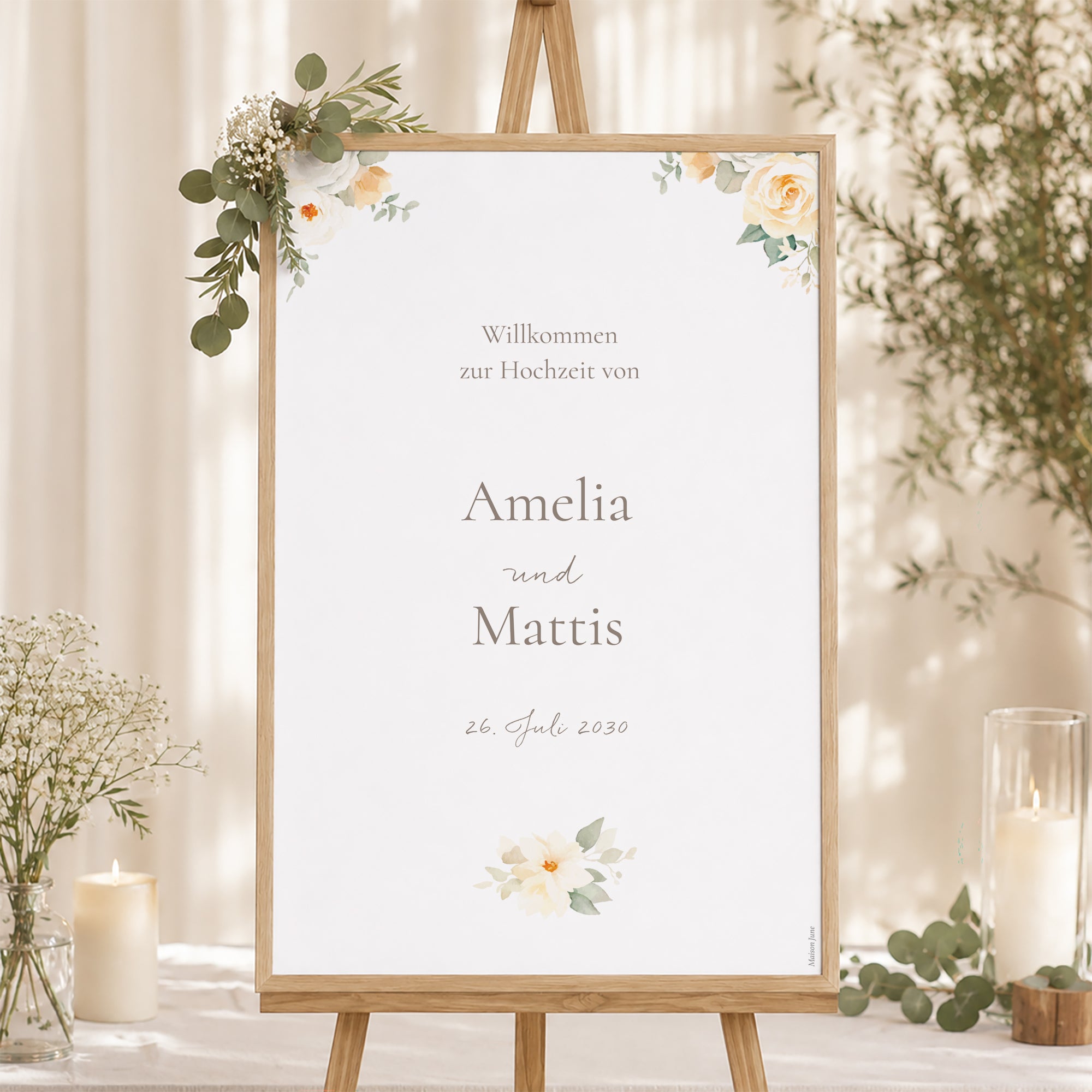 Begrüßungstafel Hochzeit Porträt 60 x 90 cm Romantischer Blumenstrauß foto N° 1