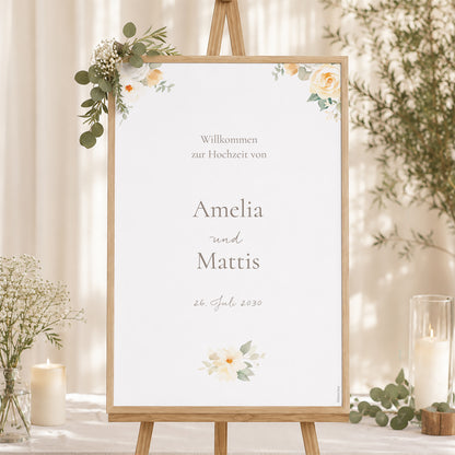 Begrüßungstafel Hochzeit Porträt 60 x 90 cm Romantischer Blumenstrauß foto N° 1