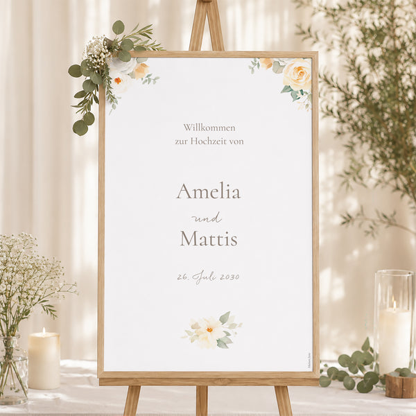 Begrüßungstafel Hochzeit Porträt 60 x 90 cm Romantischer Blumenstrauß foto