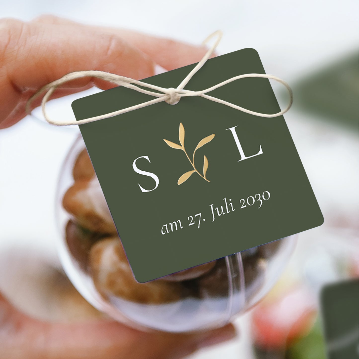 Geschenkbox Hochzeit Kugel mit quadratischem Etikett Romantischer Zweig III foto N° 1