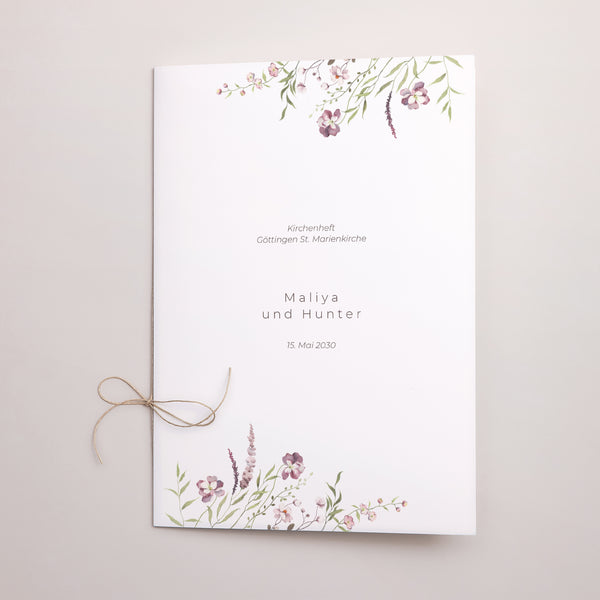Kirchenheft Hochzeit Doppelflügel Kleine lila Blumen foto
